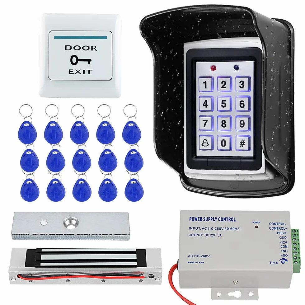 KUMU 7612 Zewnętrzny wodoodporny system kontroli dostępu do drzwi RFID, metalowa klawiatura, 180 kg, zamek magnetyczny, osłona przeciwdeszczowa, przycisk wyjścia, 15 breloków do domu, biura, czarna