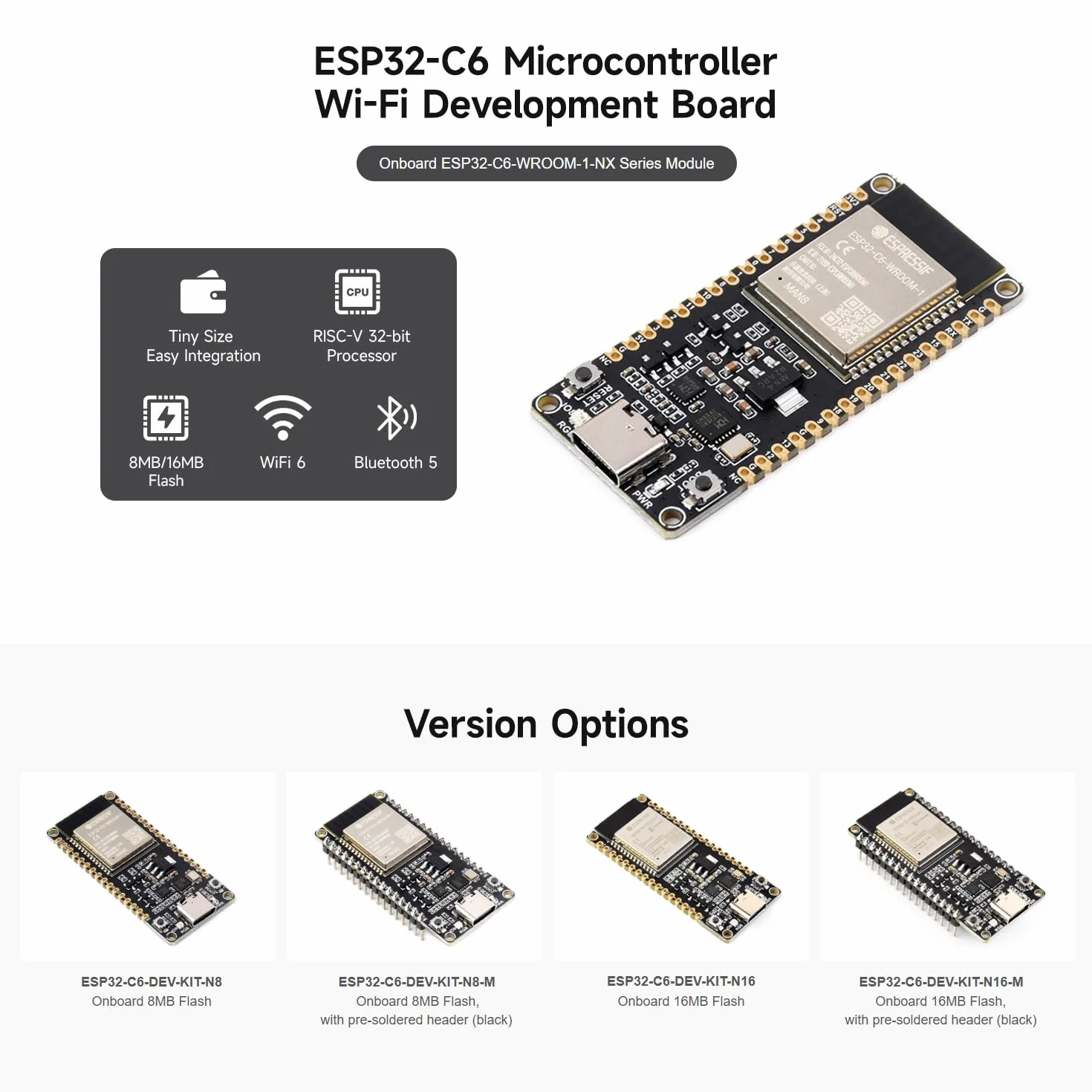 Waveshare ESP32-C6 Microcontroller, WiFi 6 Development Board, 160MHz Processor, ESP32-C6-WROOM-1-NX Module