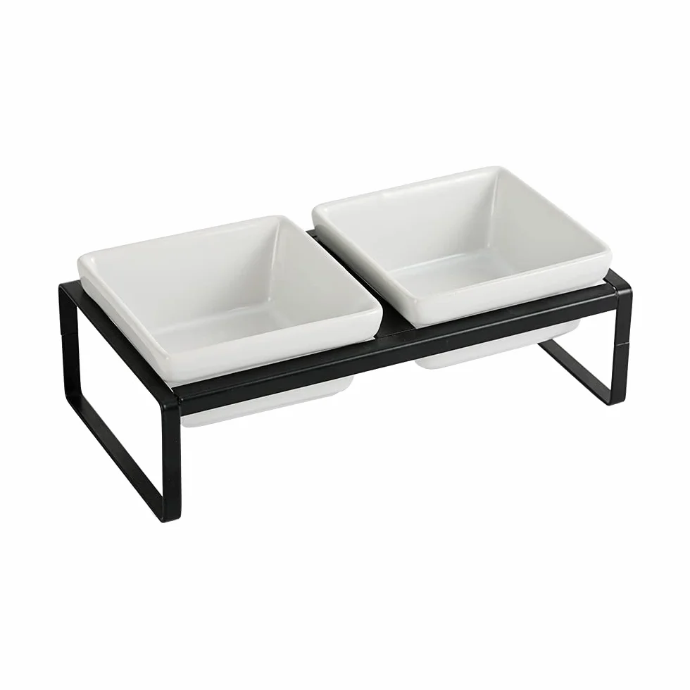 Miska kota z podwyższoną miską kota z kotem - miska dla kota i szczeniaka - podwójne miski ceramiczne przeciw wymiotom i łatwe do czyszczenia 2×280 ml