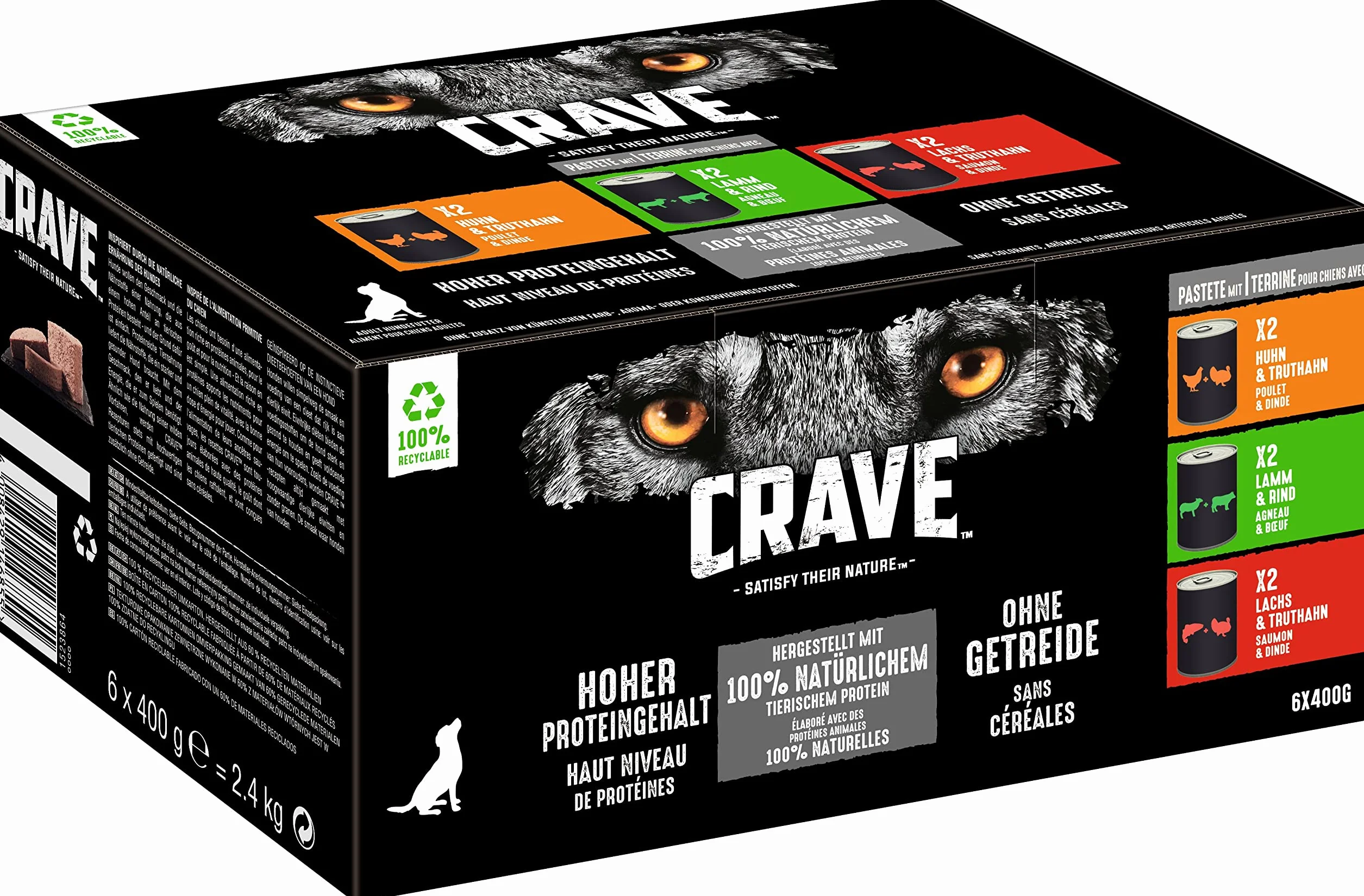 Crave Karma dla dorosłych psów w formie pasztetu, 6 puszek, 6 x 400 g – mokra karma dla psów w 3 różnych odmianach, wyprodukowana w 100% z naturalnego białka, bez dodatku zbóż