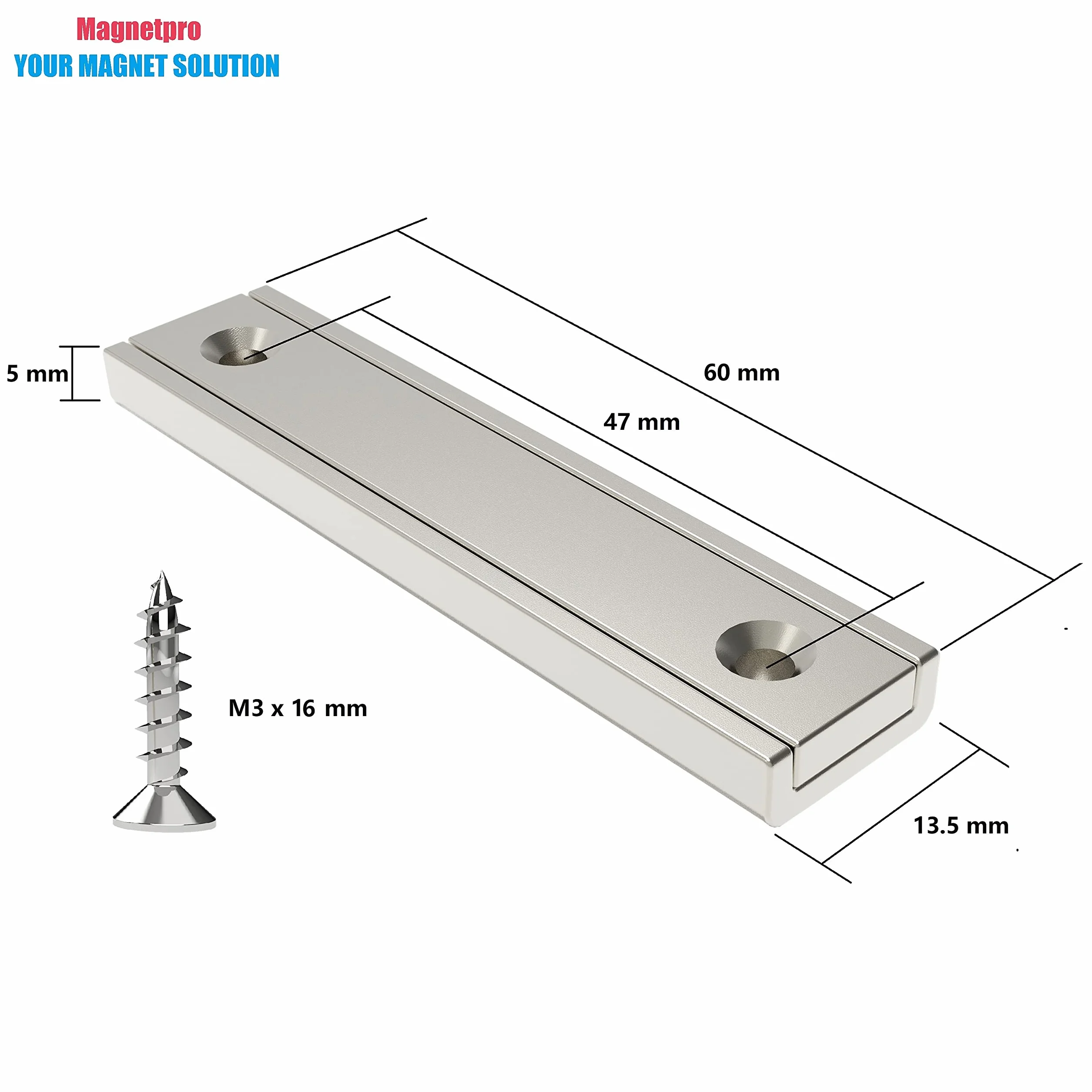 Magnetpro Prostokątne magnesy 30 kg, siła 60 x 13,5 x 5 mm, z częściami i otworem stożkowym, magnesy garnkowe ze śrubami, 6 sztuk