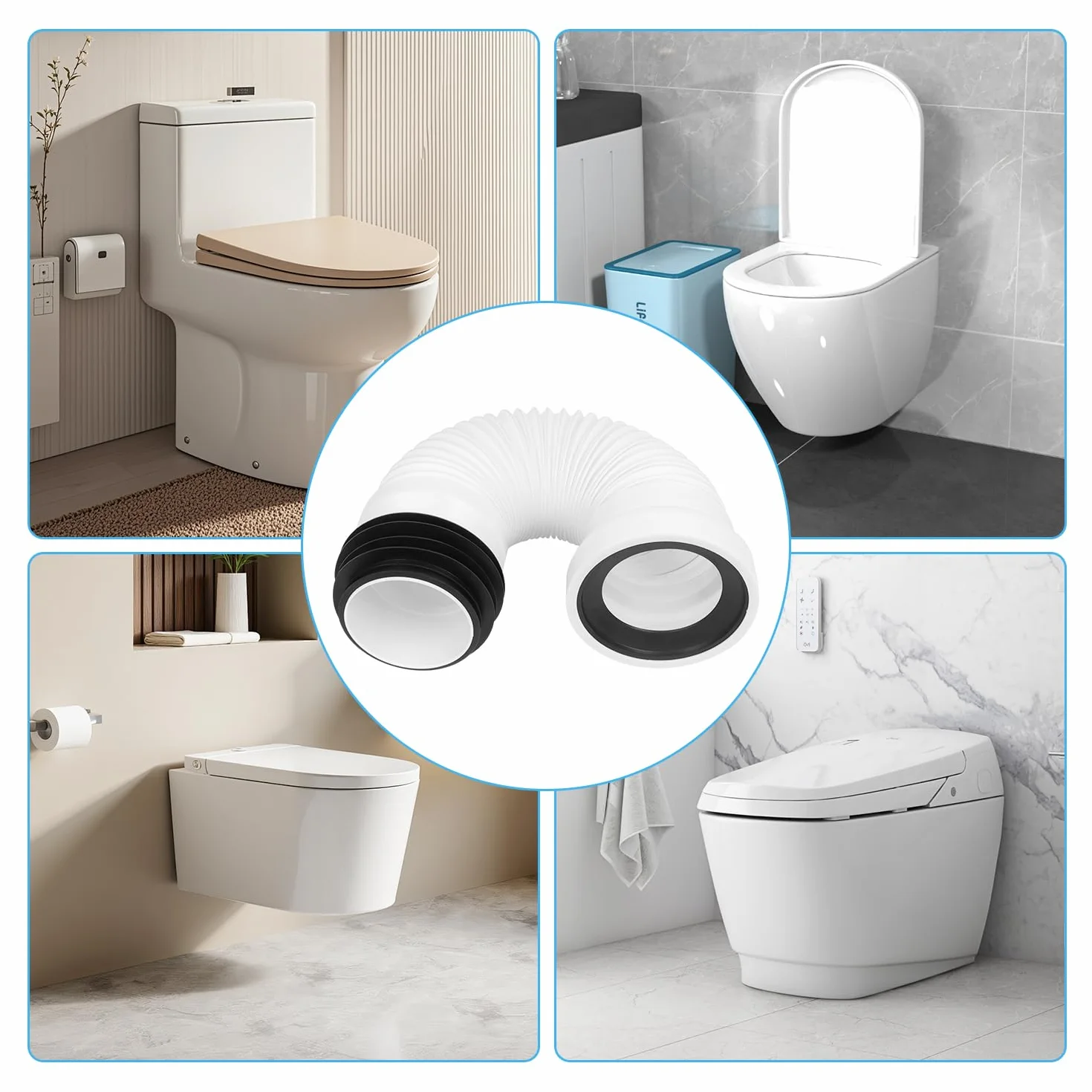 KOVACQ Elastyczna rura odpływowa WC, przedłużka 250-500 mm, regulowana, uniwersalna, pasuje do konfiguracji Ale, rura toaletowa, króciec przyłączeniowy do uniwersalnego odpływu WC (biała)