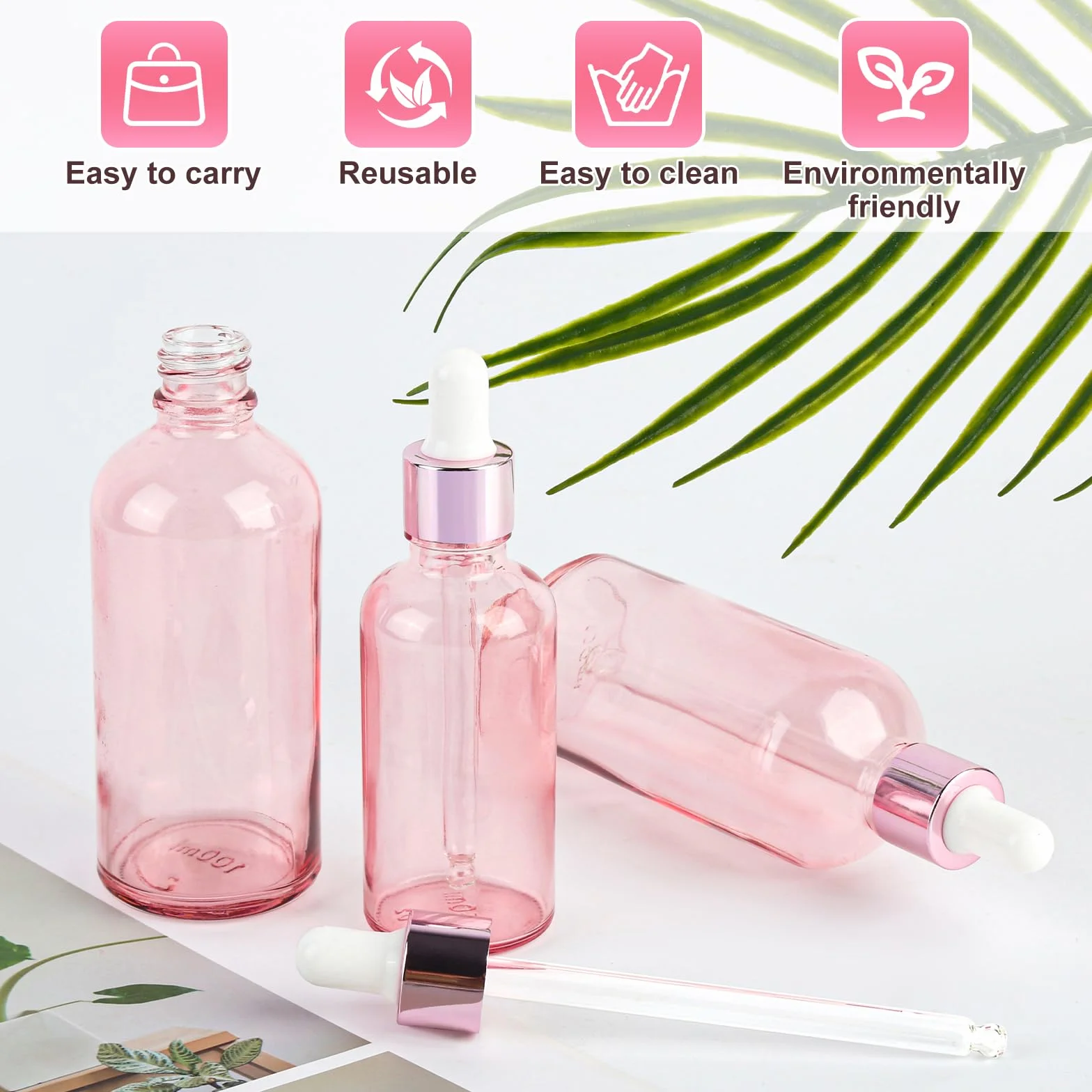 Różowe butelki z pipetą 50 ml do olejków eterycznych, perfum, aromaterapii, 3 szt.