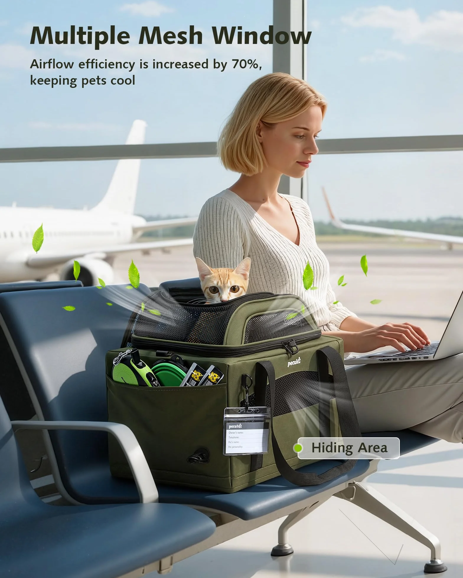 pecute Torba transportowa dla kota w samolocie, stabilna torba do noszenia zwierząt domowych, lekka, składana, dla kotów i małych psów, idealna do podróży, zielona