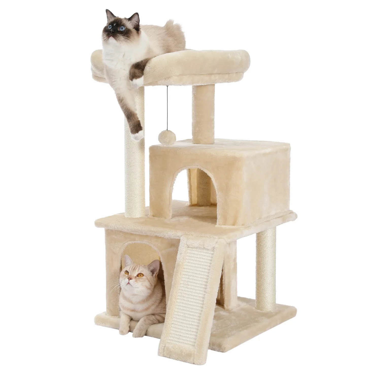 PAWZ Road [34''=86 cm] Wieża dla kota z podwójnym mieszkaniem dla dużych kotów w pomieszczeniach, drzewka dla kotów ze zdejmowanym grzędem i w pełni owiniętym drapakiem sizalowym, beżowa