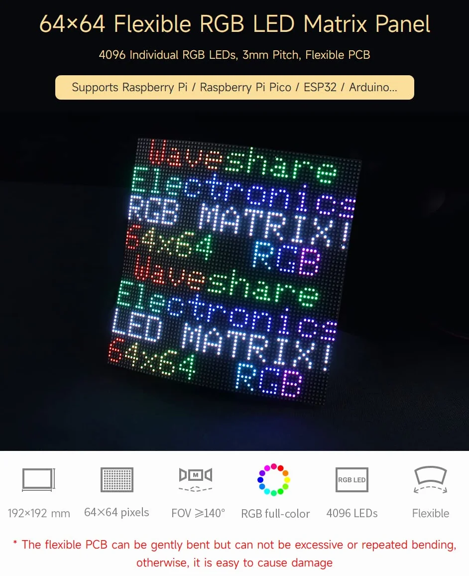 Waveshare Flexible RGB Full-Color LED Matrix Panel 3mm Pitch 64x64 Pixels Adjustable Brightness and Bendable PCB Compatible with Raspberry Pi/Raspberry Pi Pico / ESP32