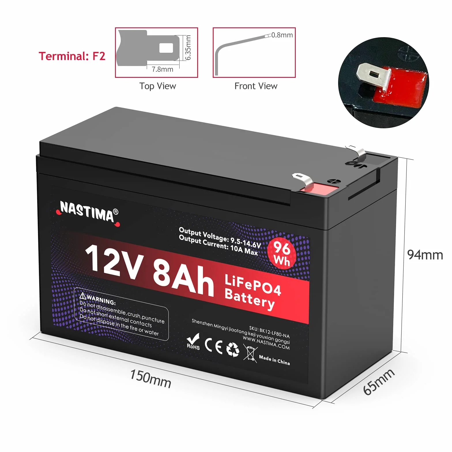NASTIMA Akumulator 12 V 8Ah LiFePO4 z ochroną BMS i głębokim cyklem 4000, odpowiedni do zestawów paneli słonecznych, wózków dziecięcych, kamperów, łodzi, kempingu, echosondów