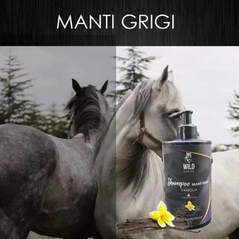 Wild Horses Szampon koni Manti szary z olejkami eterycznymi, w przypadku matowego płaszcza, kolor waniliowy, 500 ml, wyprodukowany we Włoszech