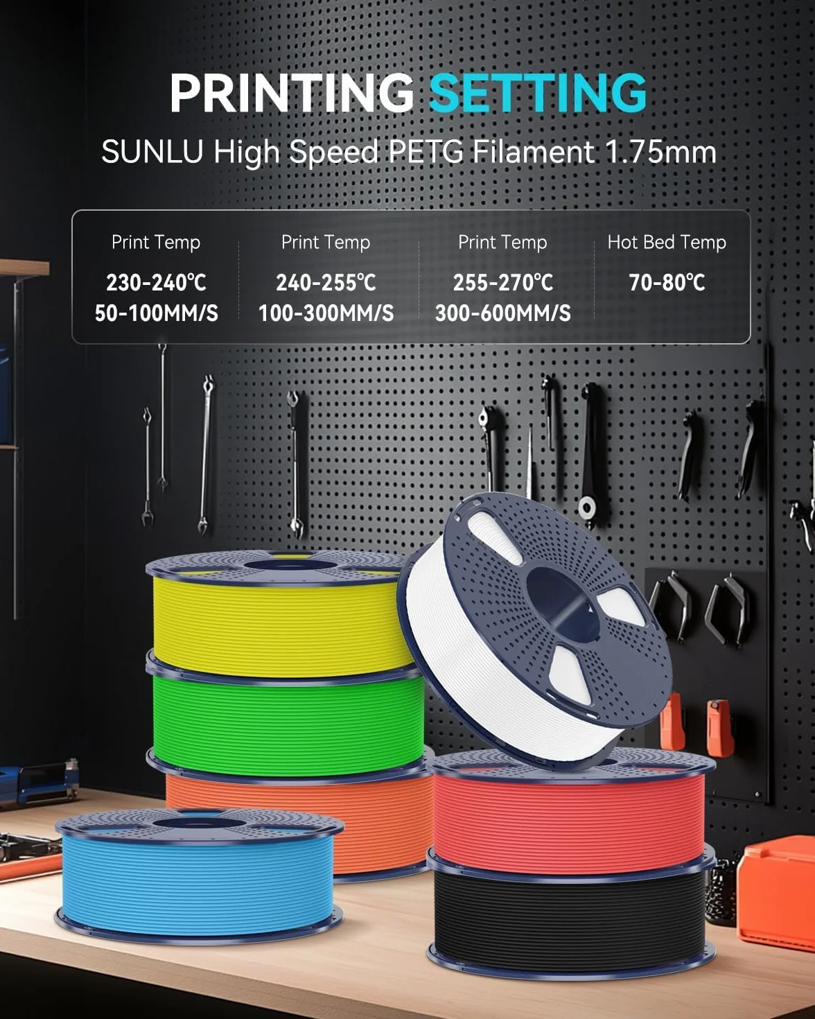 SUNLU Rapid PETG Filament 1,75 mm, 1 kg, szybkie drukowanie do 600 mm/s, dokładność pomiaru ± 0,02 mm, 0,5 kg x 2 szpulki (pomarańczowy+żółty)