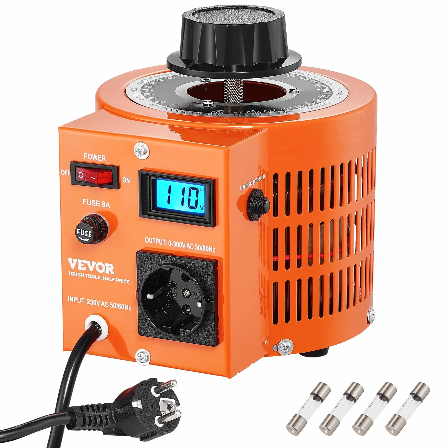 VEVOR Transformator nastawczy 2000 VA o zmiennym napięciu, 6,6 A, wejście 230 V, wyjście 0-300 V, regulator napięcia zmiennego, z wyświetlaczem LCD, 4 dodatkowe bezpieczniki, do domu, przemysłu, biura
