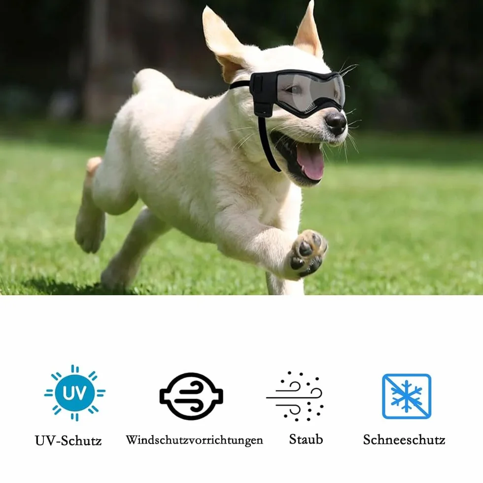 Voarge Okulary przeciwsłoneczne dla psów, okulary ochronne UV, okulary przeciwsłoneczne z regulowaną gumową taśmą, wiatroszczelne okulary motocyklowe dla psów, czarne, S