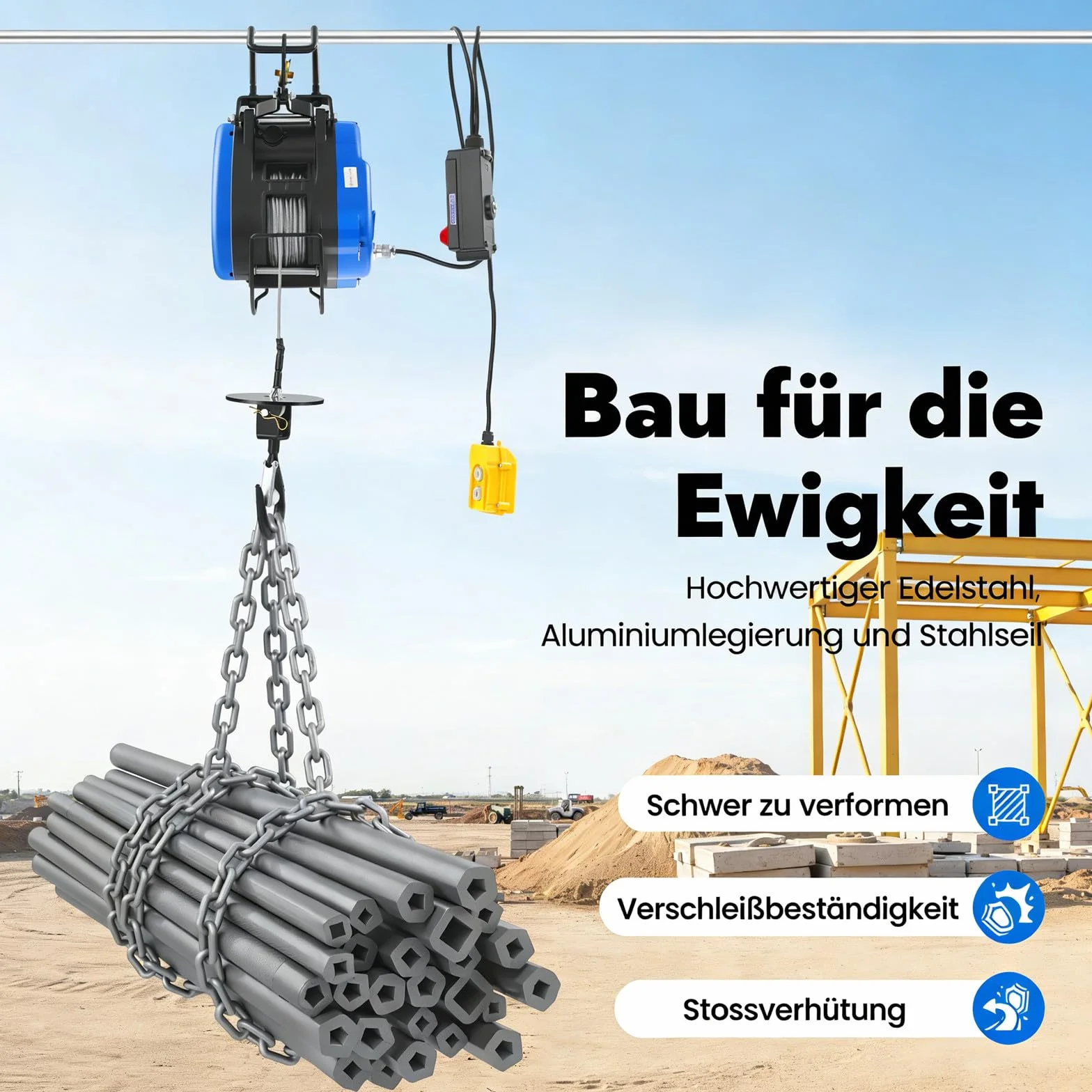 Mobilna wciągarka elektryczna 230 V, 250 kg, nośność 19 m/min, bezprzewodowy pilot zdalnego sterowania (100 m), z bateriami, uchwyt sterujący kablem 1500 W, wysokość podnoszenia 29 m, linka druciana