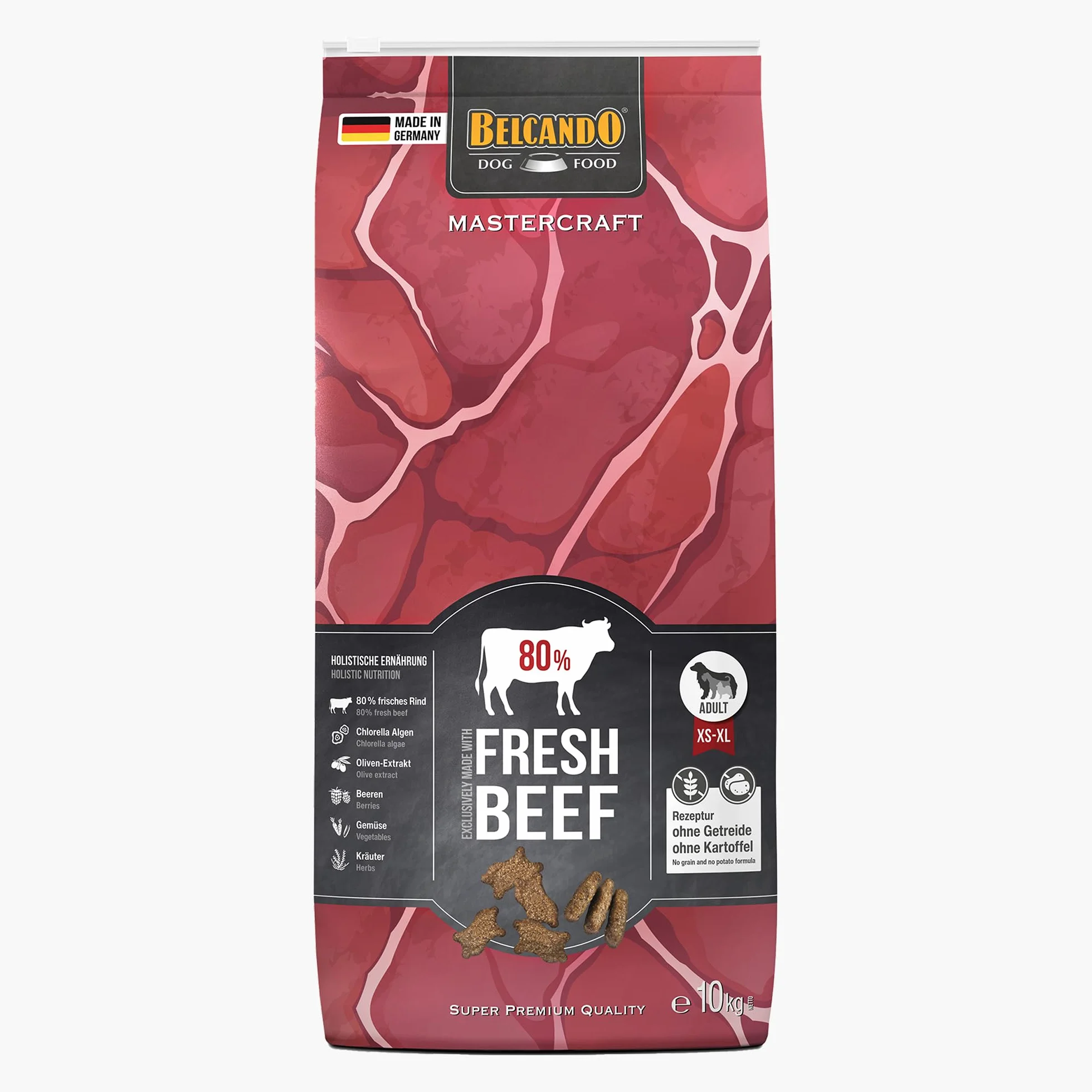 BELCANDO MASTERCRAFT sucha karma dla psów Fresh Beef, 10 kg, sucha karma dla psów z wołowiną, 80% świeżego mięsa, bez zbóż, dla wszystkich ras, Made in Germany