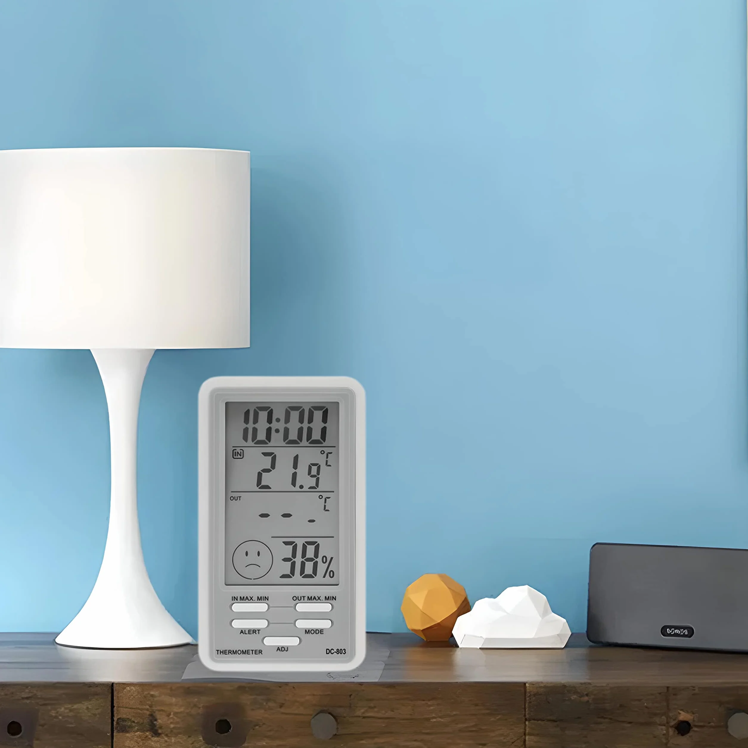 Retoo Termometr do użytku wewnątrz i na zewnątrz, cyfrowy termometr z sondą, wyświetlacz LCD, wyświetlanie godziny, higrometr, miernik wilgotności powietrza, precyzyjny czujnik temperatury