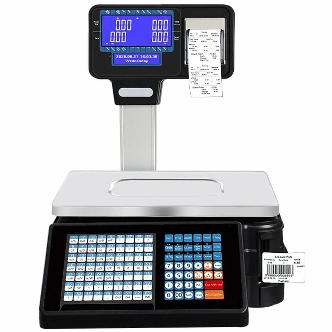 Cyfrowa waga do drukowania etykiet cenowych, elektroniczna waga do ważenia kodów kreskowych kasa fiskalna z drukarką paragonów, dwustronny wyświetlacz LCD 30 kg, 63 klawisze skrótów handlowa sklepu