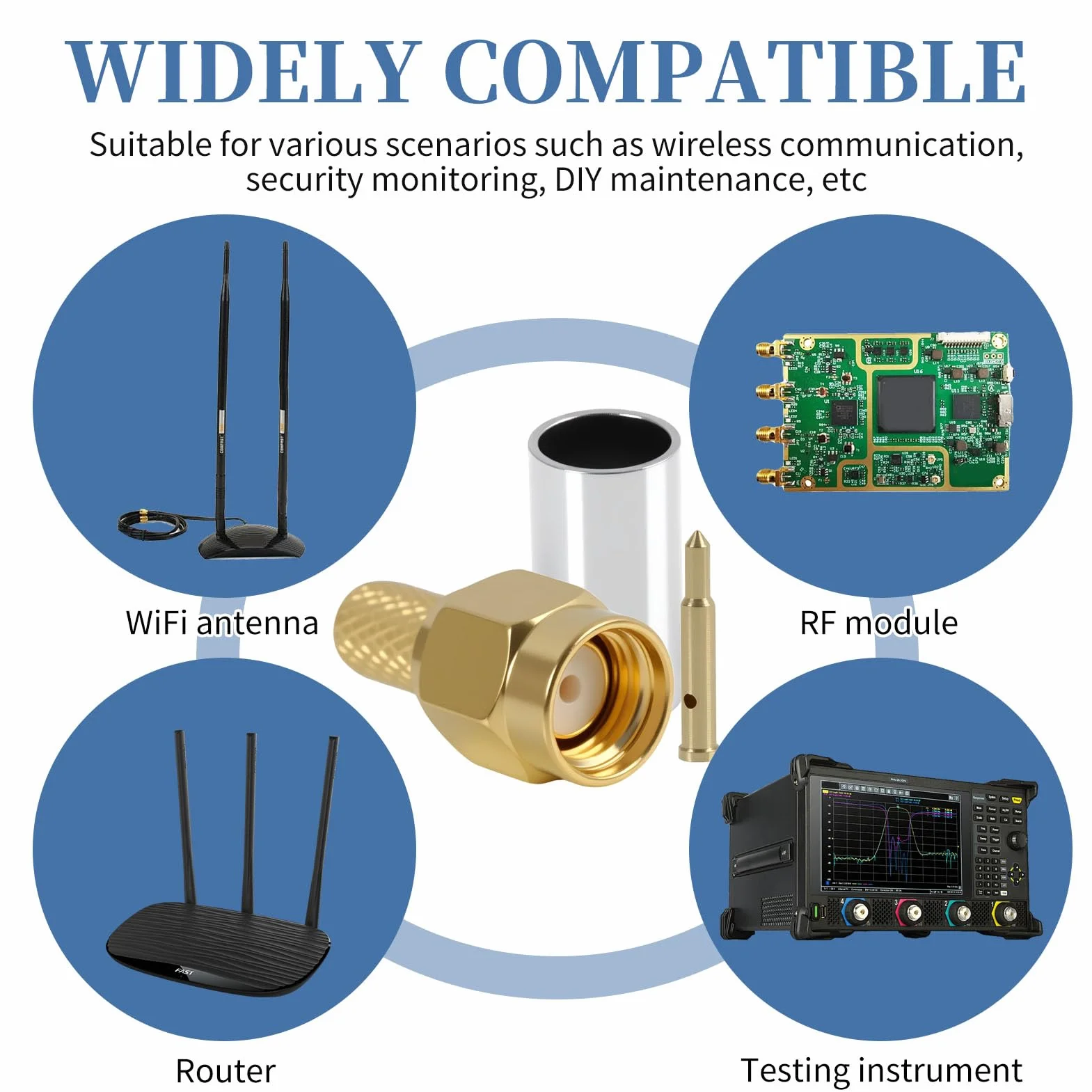 Złącza SMA RG58 męskie zaciskane RF pozłacane 12 sztuk do kabla koncentrycznego RG58 RG142 RG400 LMR195 Antena WiFi Router 4G LTE