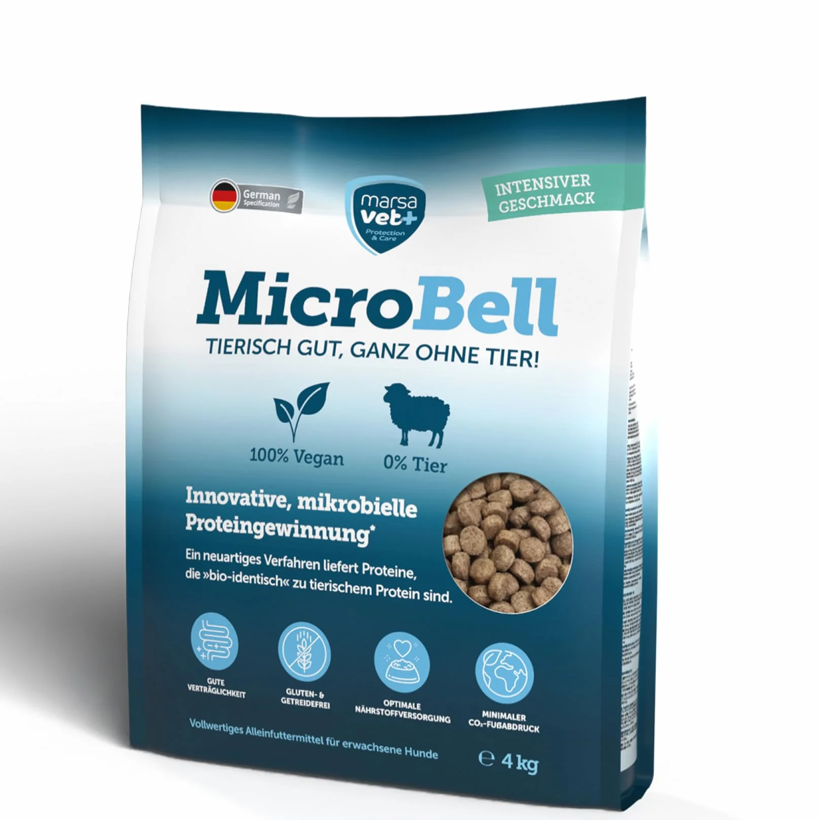 Marsavet sucha karma MicroBell – 4 kg, monoproteinowa karma dla psów z białkami mikrobiologicznymi, odpowiednia dla wegetarian, alergików i wrażliwych psów, bez glutenu i zbóż.