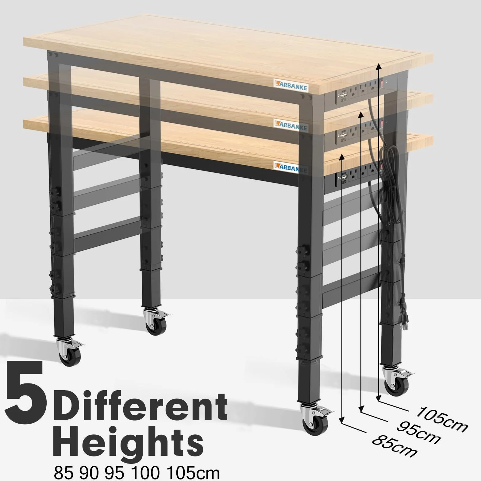 LARBANKE Stół warsztatowy 120 cm regulowany 5 wysokości twarde drewno kauczukowe nośność 900 kg