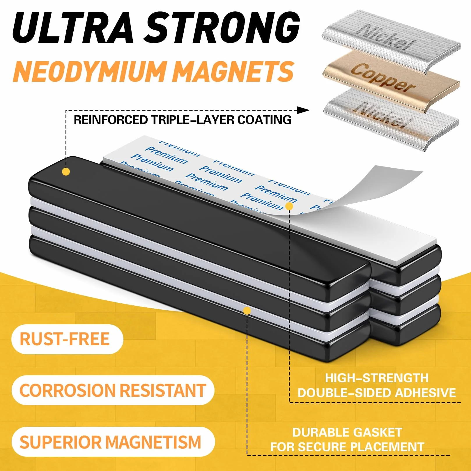 FINDMAG Zestaw 12 magnesów neodymowych 60 x 10 x 3 mm z dwustronnym klejem