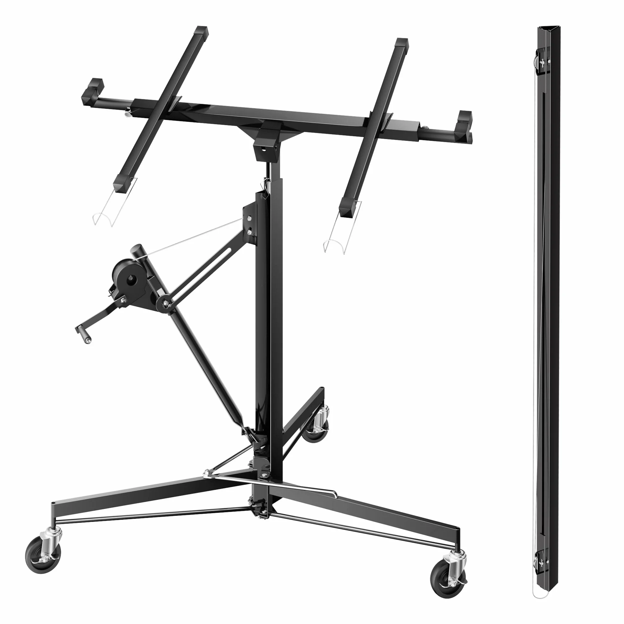Wiltec Zestaw XXL podnośnik do płyt do maks. 68 kg + 140 cm przedłużenia, wysokość 140-465 cm, maks. szerokość 2,90 m, pomoc w montażu do suchej zabudowy, podnośnik paneli z 3 kółkami, czarny