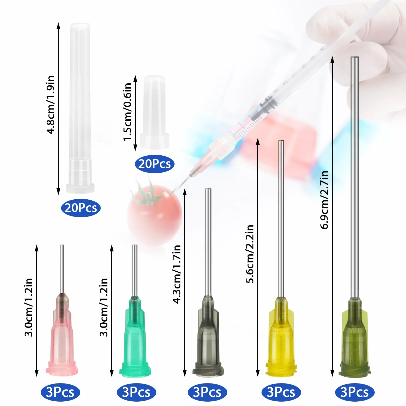 TRUEIN Strzykawki z tępymi igłami, 12 sztuk, 1 ml, 5 ml, 10 ml, 20 ml, zestaw strzykawek z tępymi igłami, 14 Ga 15 Ga 16 Ga 18 Ga 20 Ga tępe igły i nasadki, strzykawka z tworzywa sztucznego do