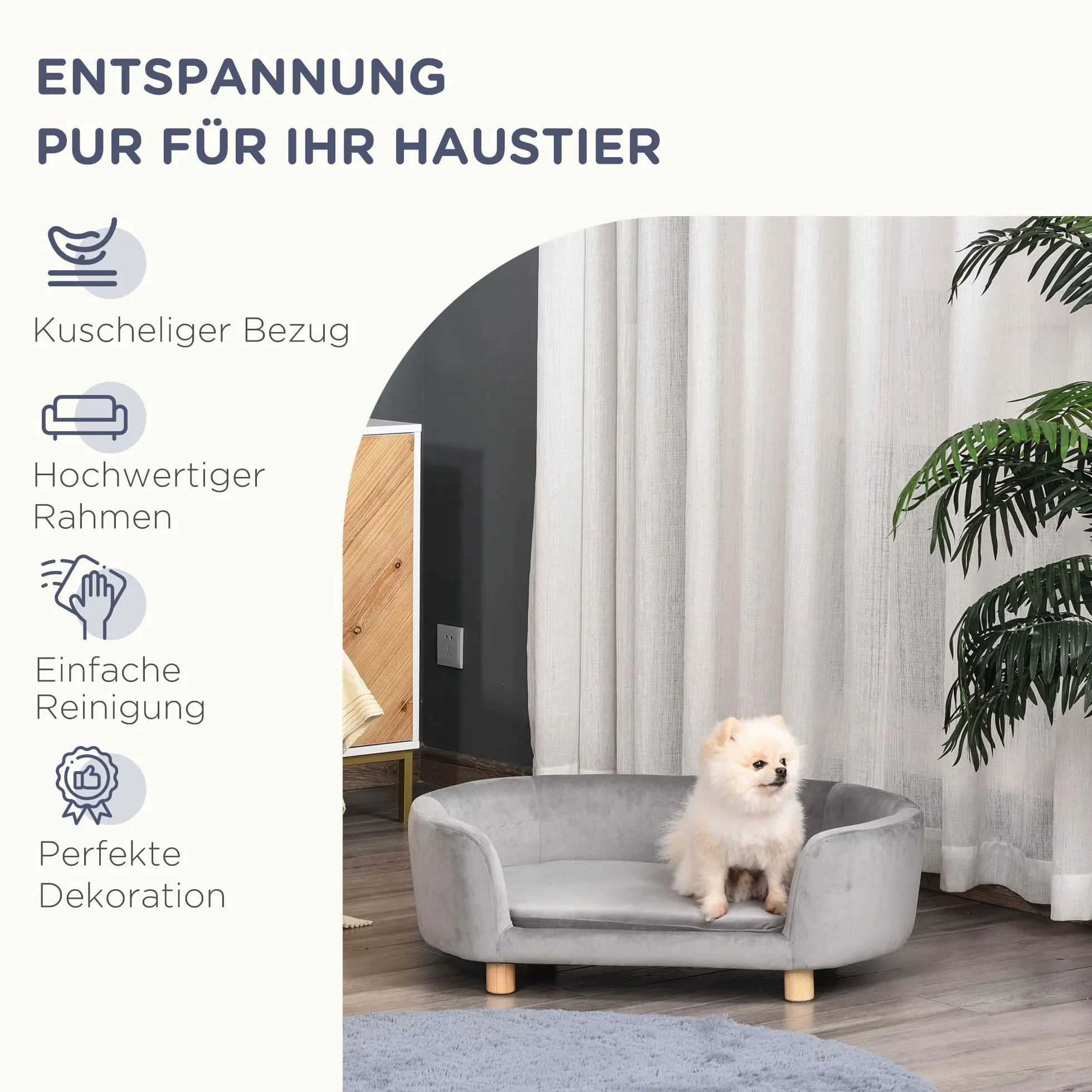 PawHut Sofa dla zwierząt domowych Sofa dla psa Legowisko dla psa holenderski aksamit pianka nogi brzozowe dla kotów psów 86 x 55 x 33 cm jasnoszary