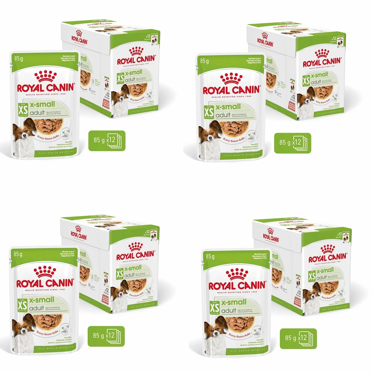 ROYAL CANIN XS Adult | 4 sztuki w opakowaniu | 4 x 12 x 85 g | karma nawilżająca dla dorosłych i szczególnie małych psów | od 10 miesiąca życia | z przekąskami w sosie | w woreczku
