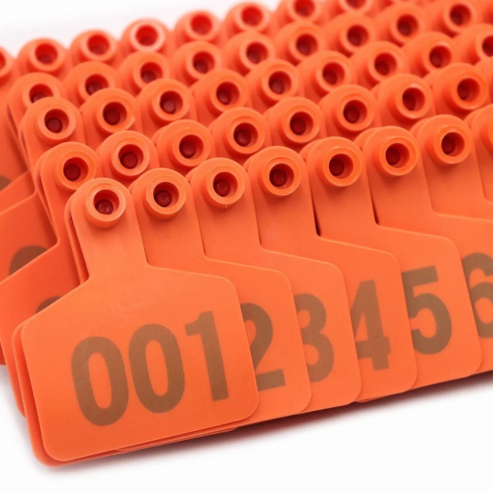 MasXirch Plastikowe etykiety do uszu z numerami 001-100 dla zwierząt gospodarskich, etykiety identyfikacyjne dla krów, bydła, owiec, kóz i świń (pomarańczowe)