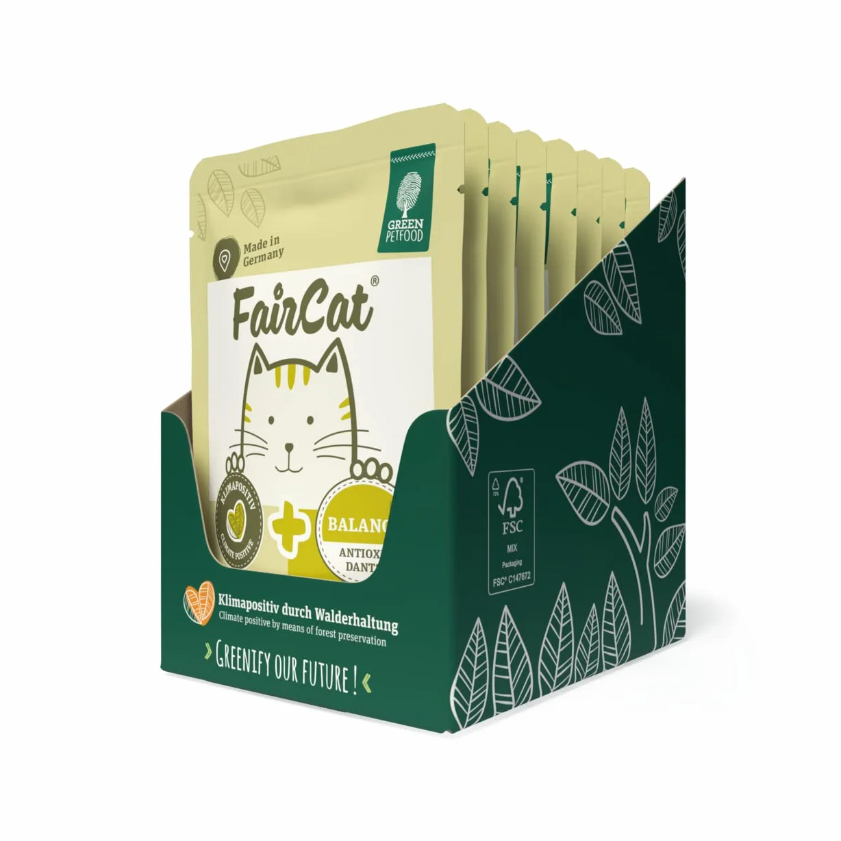 Green Petfood FairCat Balance (8 x 85 g), bezzbożowa karma dla dorosłych kotów, z kurczakiem dla zwierząt, mokra karma z zieloną herbatą i witaminą C + E, 8 sztuk