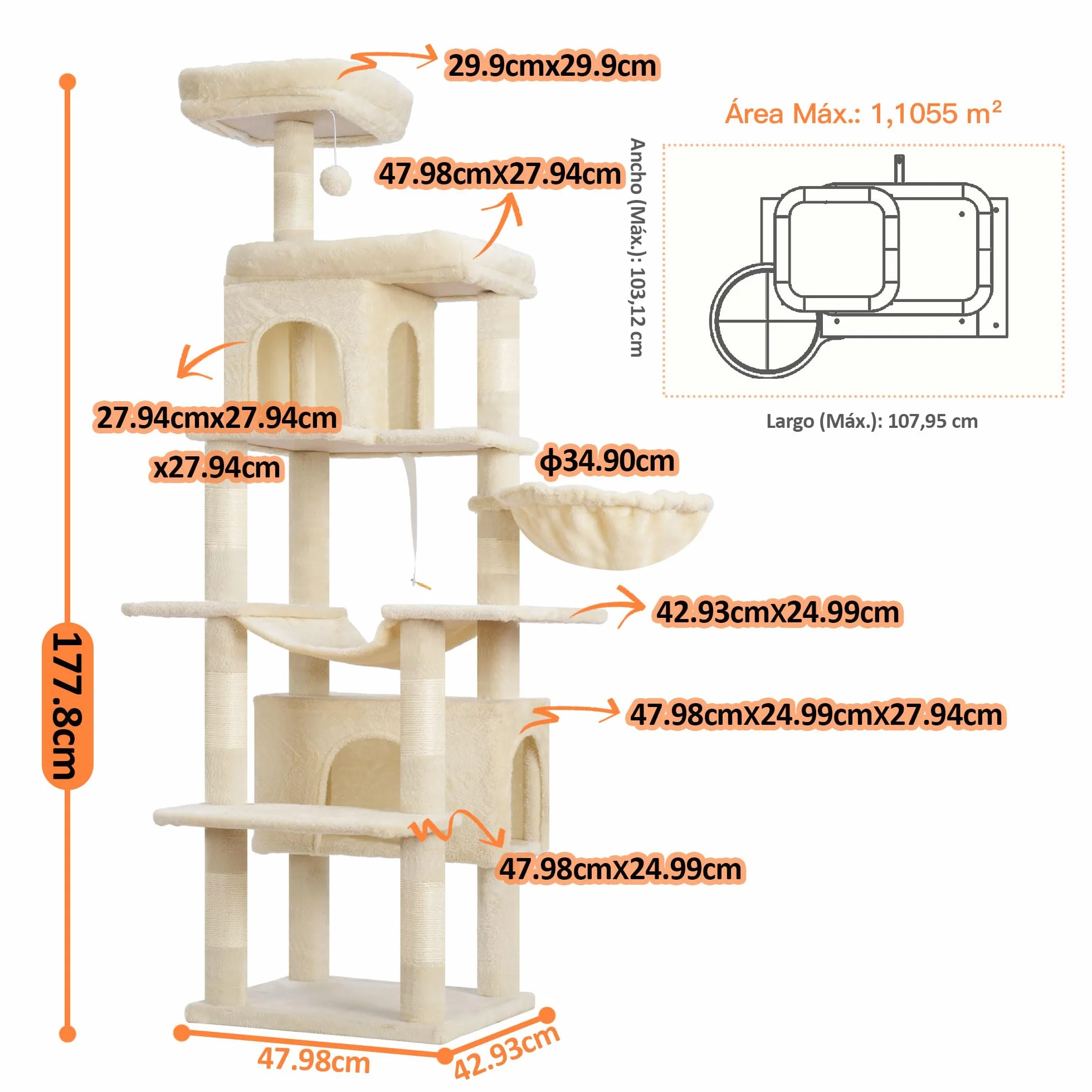 Heybly Cat Tree, 178 cm Wysokości, Drapak Dla Kotów Domowych, Drapak Dla Kota Z 8 Drapakami, 2 Jaskiniami, 2 Platformami, Hamakiem, Koszem, Pluszowym Baldachimem, Beżowy HCT036M