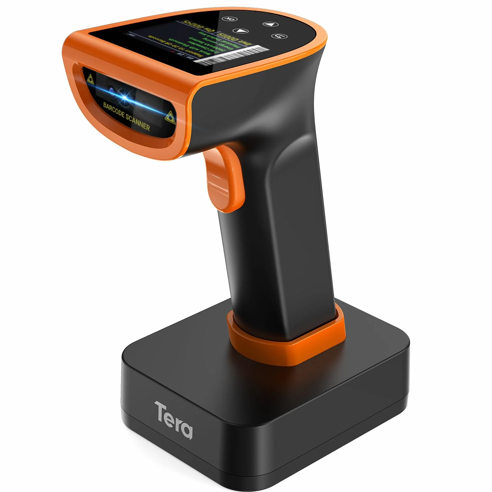 Tera Skaner kodów kreskowych 1D 2D QR z cyfrowym ekranem ustawień i panelem przyciskowym, szybkie skanowanie, działa z Bluetooth 2.4G, bezprzewodowy i kabel USB, instrukcja obsługi w języku