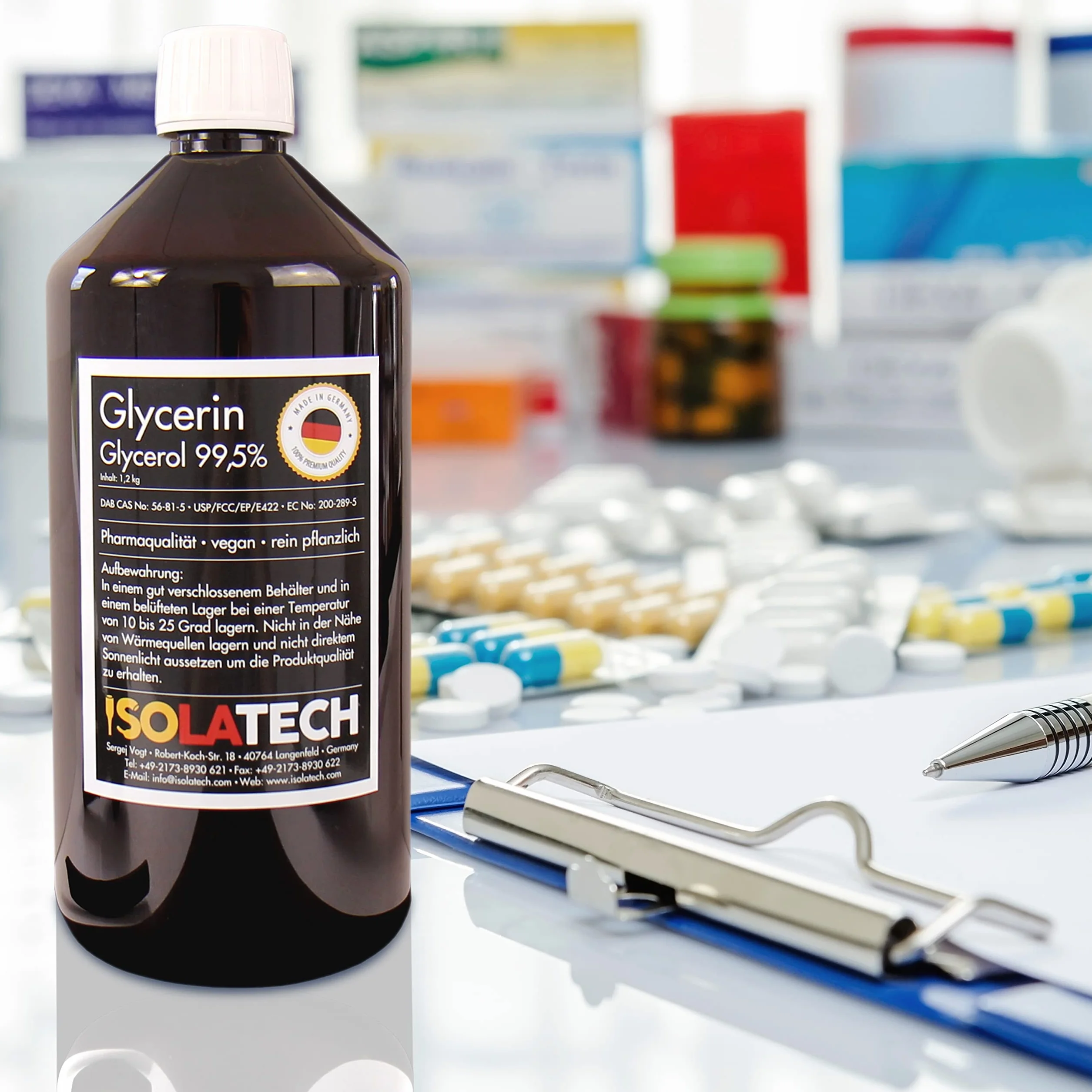 ISOLATECH Gliceryna 99,5% 10 l, jakość farmaceutyczna made in Germany, mierzona w 99,98% czysto roślinna, gliceryna, glicerol w płynie z płynem SABEU Fluxx AH23/51 HF kurek przelewowy DIN 51 10 l