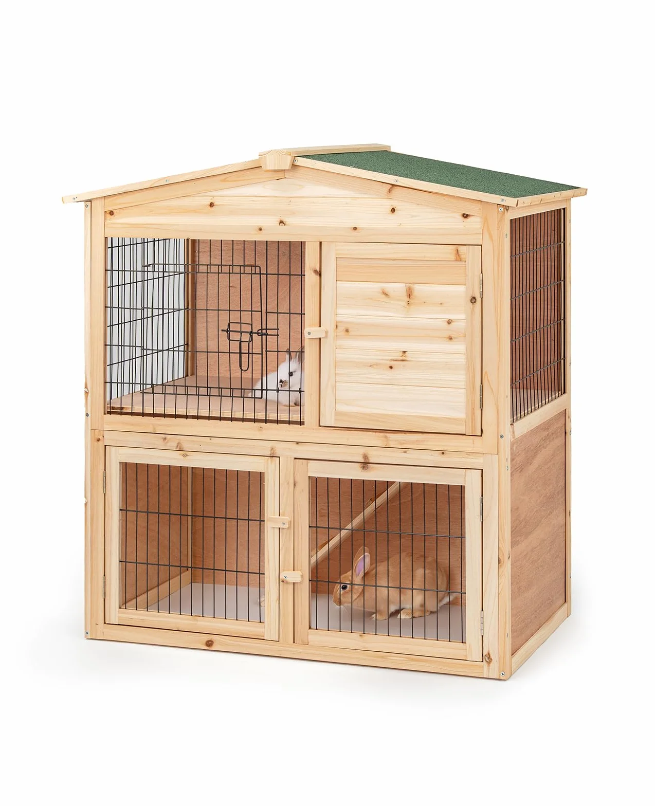 lionto Dwupoziomowa klatka dla królika z drewna z rampą, 98x54x100 cm, dach z bitumu odporny na wodę, metalowa krata, domek zimowy dla królika na zewnątrz, 4 wejścia