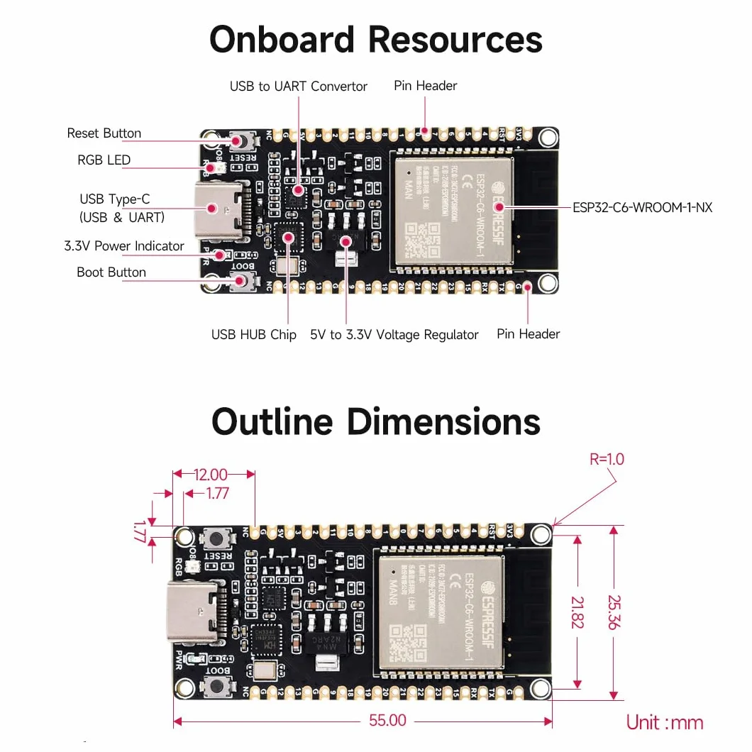 Waveshare ESP32-C6 Microcontroller, WiFi 6 Development Board, 160MHz Processor, ESP32-C6-WROOM-1-NX Module