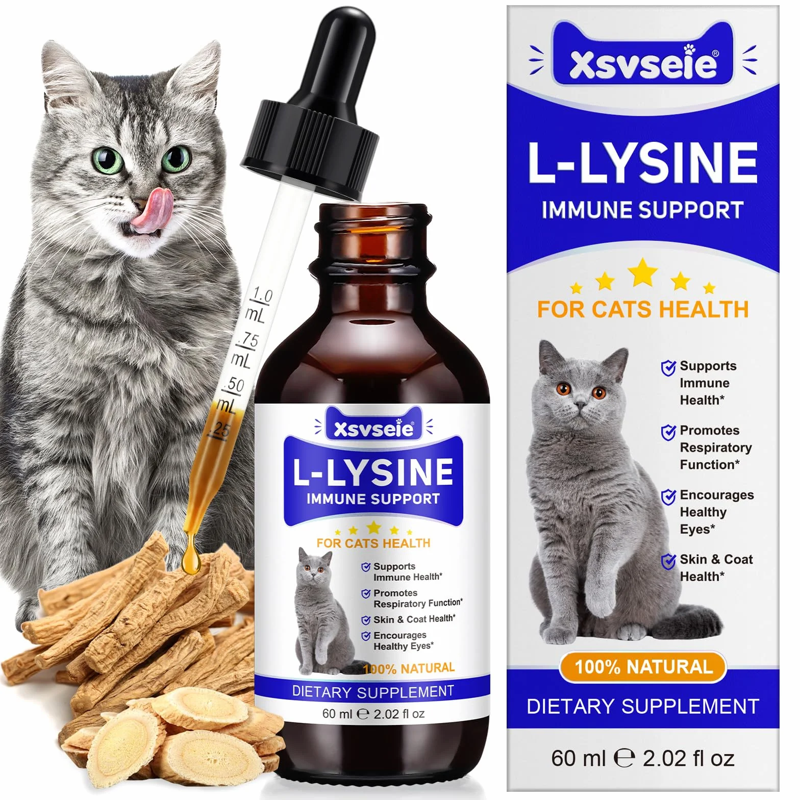 Lysin Cat Drop 60 ml, wsparcie immunologiczne dla kotów, L-Lysin dla kotów, kichanie, płynący nos, przeziębienie, funkcja oczu