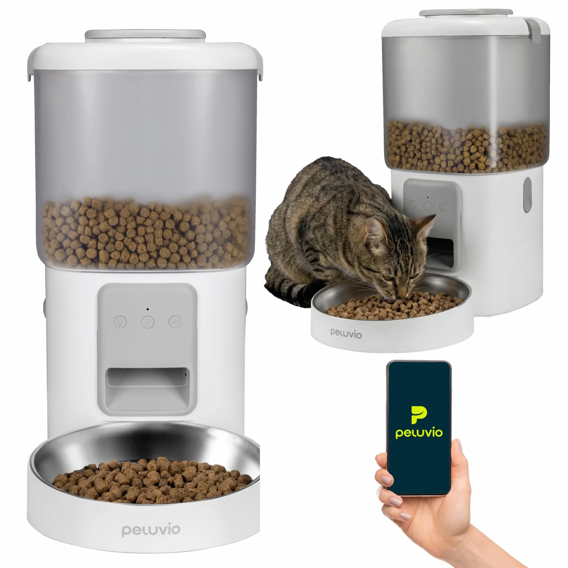 Peluvio Crispy Wi-Fi automatyczny dozownik karmy dla psa z aplikacją Wi-Fi, timerem i nagrywaniem głosu, do 10 posiłków dziennie, pojemnik na suchą karmę 4,5 l, 5-15 mm, 2,5 m kabel zapobiegający