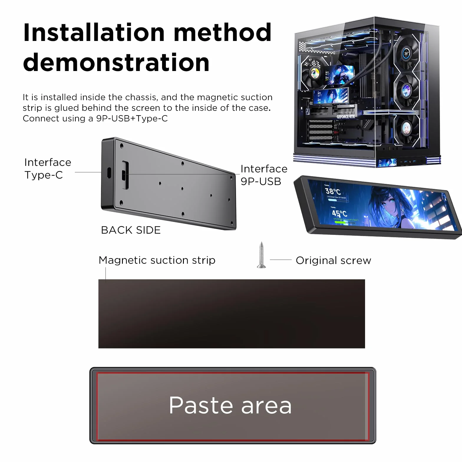 TZMRIT Uniwersalny wyświetlacz LCD 9,16 cala do komputera, konfigurowalna ramka ARGB, panel wyświetlacza temperatury, mini monitor, z zaprogramowanymi motywami DIY do gier PC / chłodziarki procesora