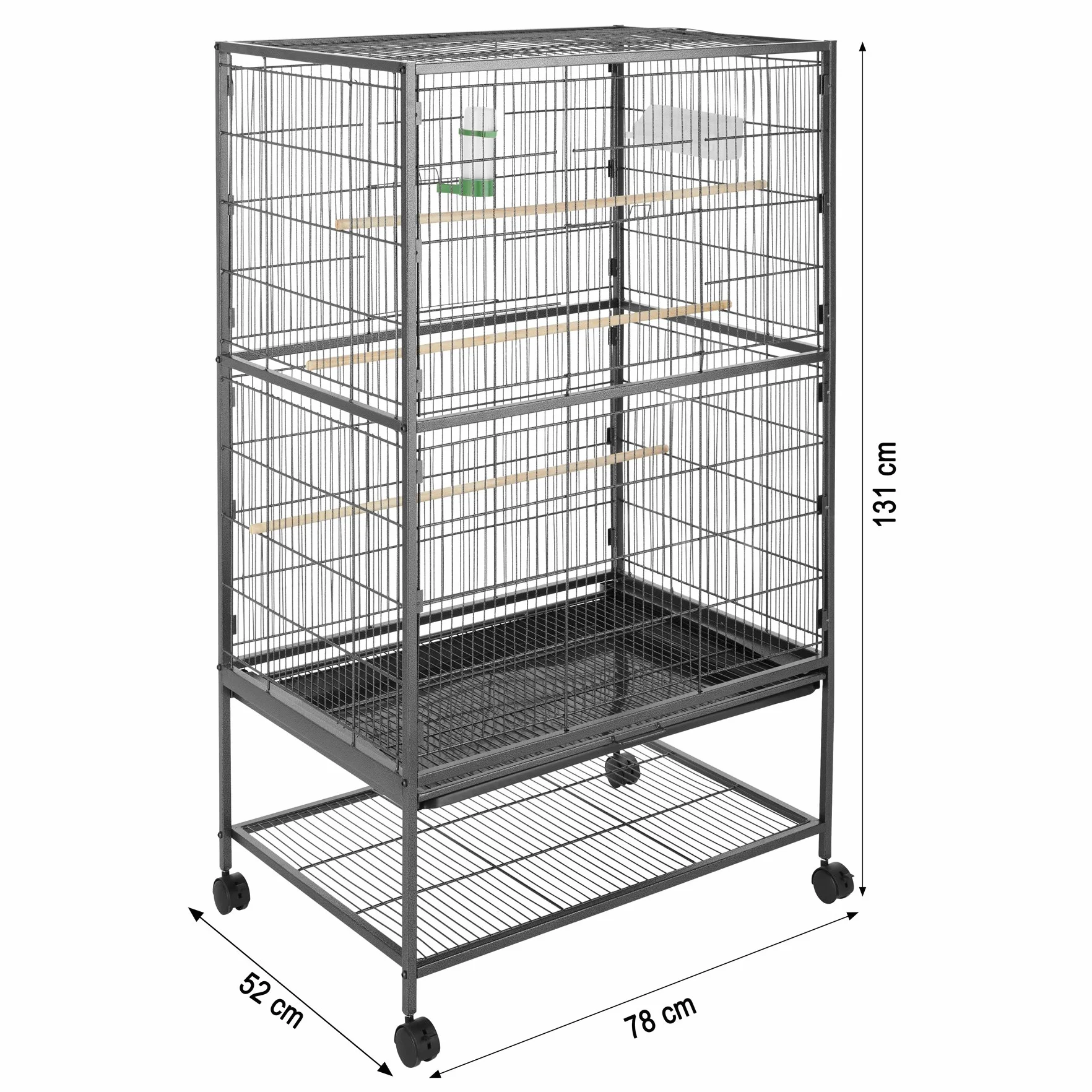 tectake 402287 Woliera dla ptaków klatka dla ptaków z 3 drążkami, szufladą na piasek i rolkami, 78 x 52 x 131 cm