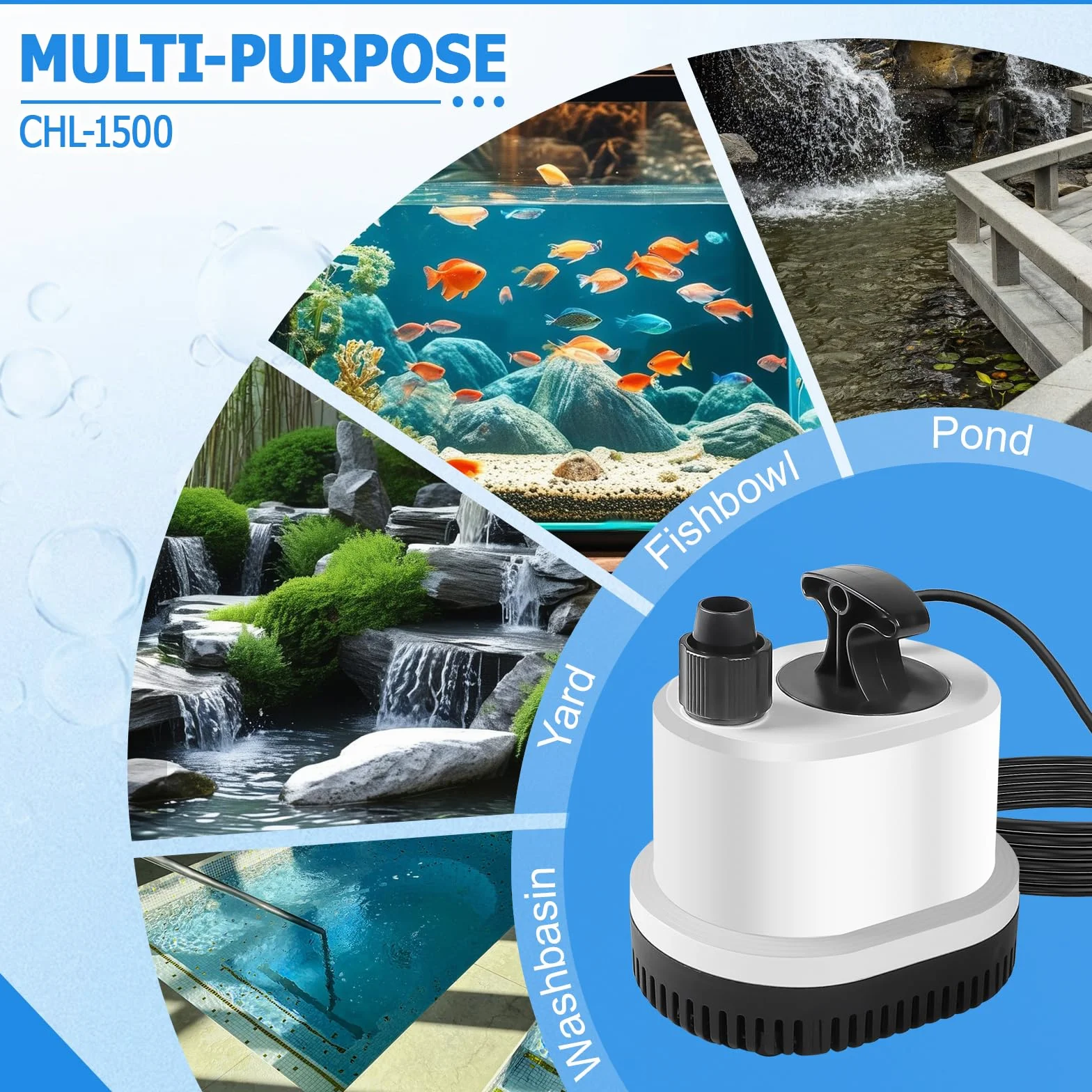 EXLECO Ultra cicha mini pompa wodna do akwarium zatapialna maks. 1500 l/h 25 W 220-240 V pompka zewnętrzna fontanna z kablem 1,6 m z 3 dyszami próżniowa do stawu ogrodowego
