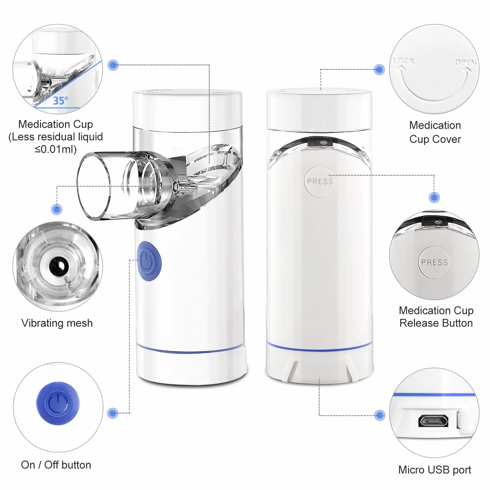 Nebulizator inhalator cichy przenośny akumulator aerozol USB dla dorosłych i dzieci z ustnikiem