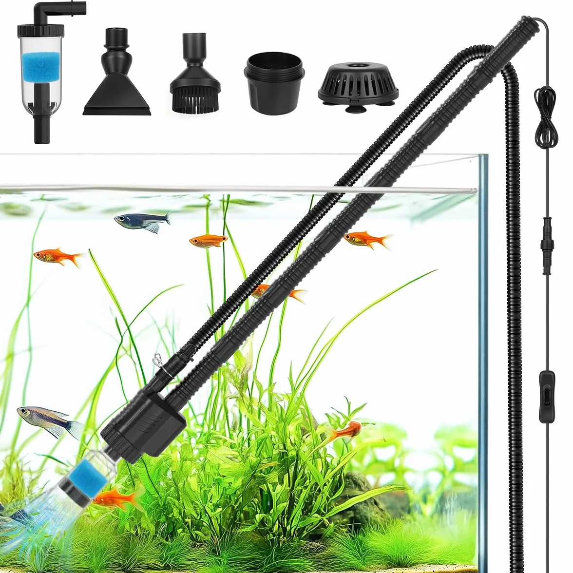 fishkeeper Elektryczny odkurzacz do akwarium 30 W, regulowany 1800 l/h, pompa do wymiany wody 8 w 1, z wężem do czyszczenia piasku, żwiru, filtrowania, cyrkulacji wody
