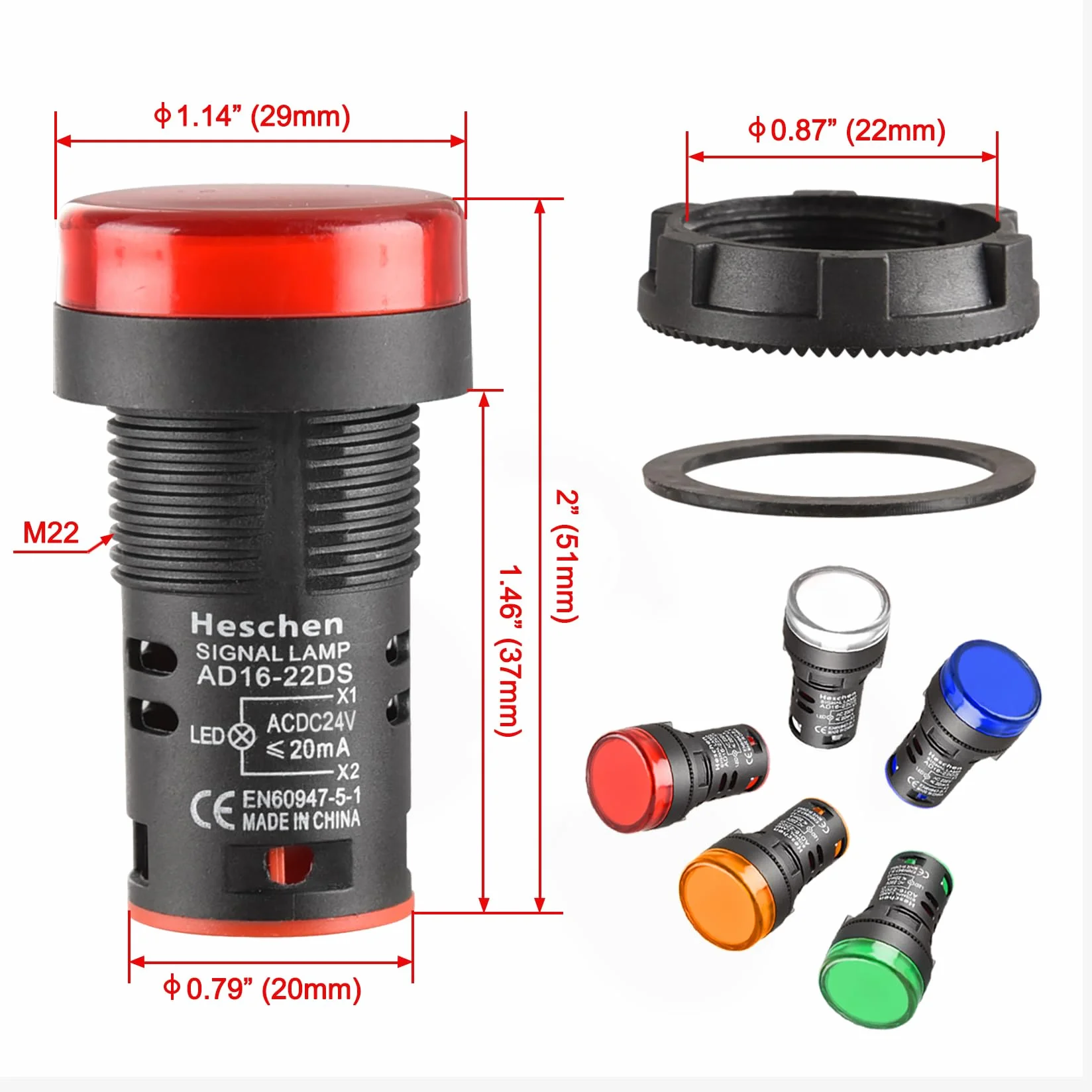 Heschen AD16-22D/S kontrolka LED 22 mm 24 V DC 20 mA 5 szt czerwony zielony żółty niebieski biały