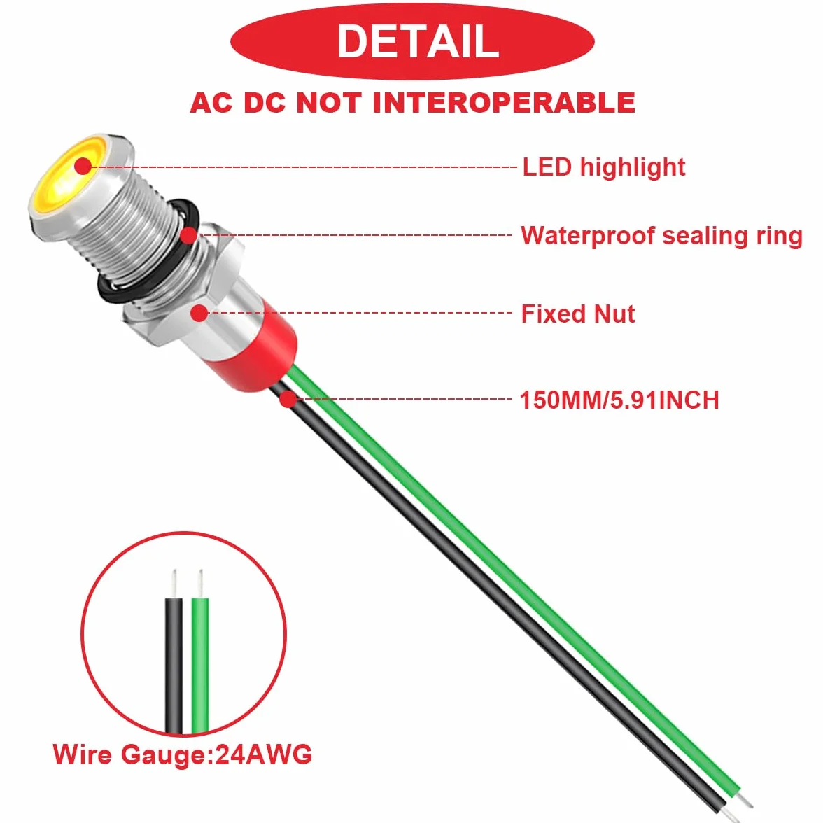 Metalowa lampka sygnalizacyjna LED 6 mm AC 110-220 V wodoszczelna czerwony/żółty/niebieski/zielony/biały