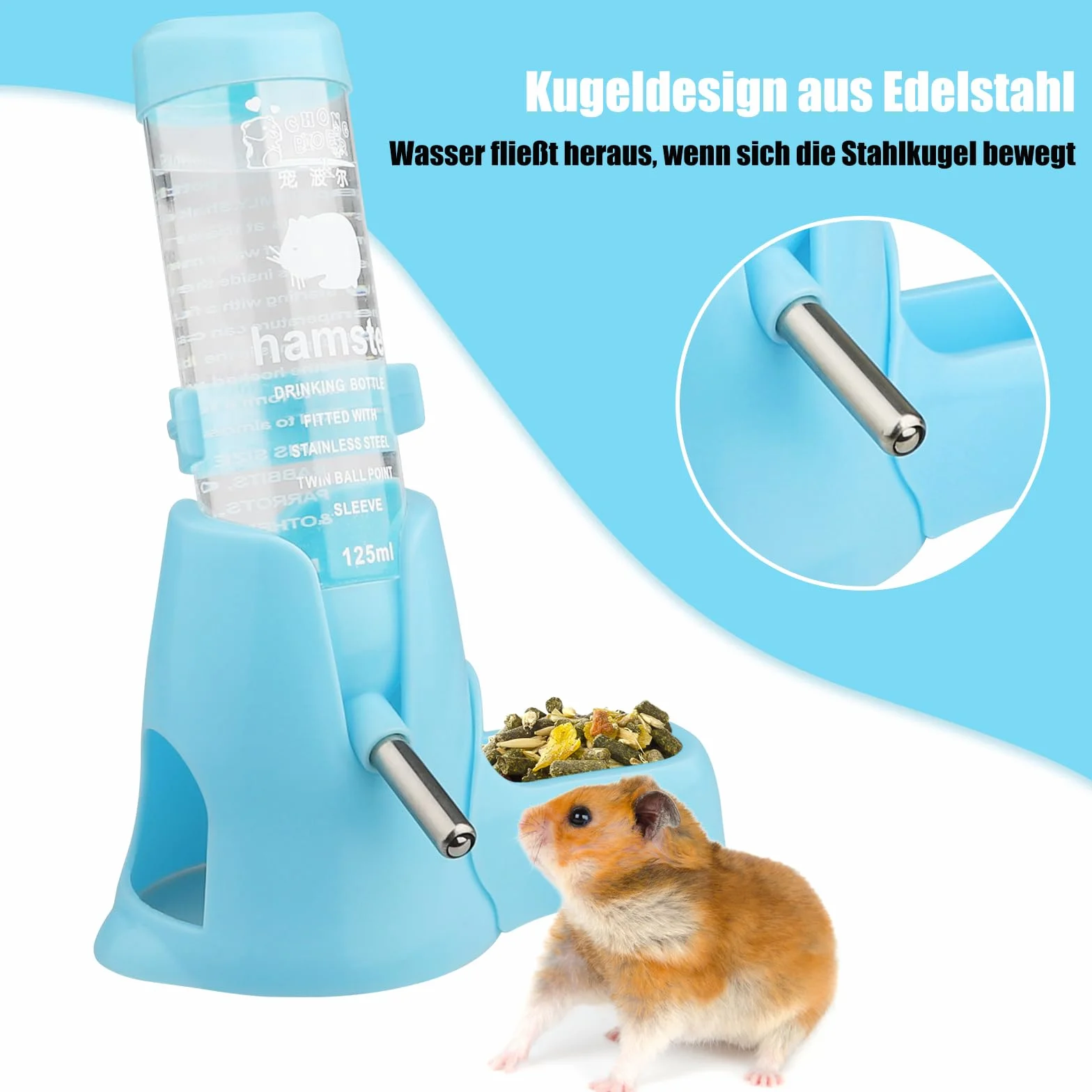 Diyife Butelka na Napoje dla chomika, 125 ml, bez wycieku wody, automatyczny dozownik do picia wody + miska na karmę + podstawa 3 w 1, dla króliczka, szynszyli, jeża, wiewiórki, niebieska