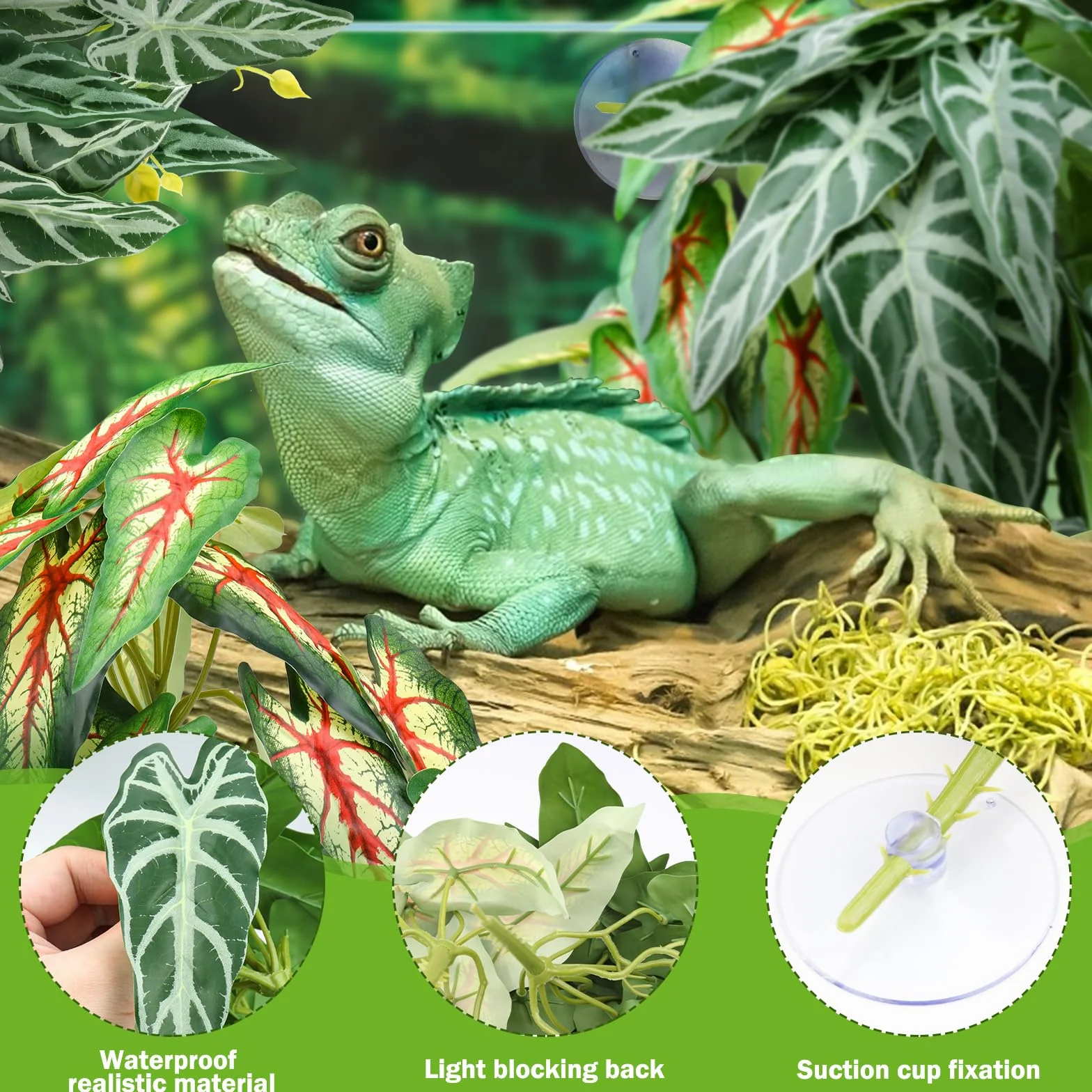 QUOZUO 2 sztuki Sztuczne rośliny do terrarium, sztuczne liście do dekoracji terrarium z przyssawkami, wiszące rośliny pnącza do terrarium dla brodawczaków, jaszczurek, węży, geko, żab