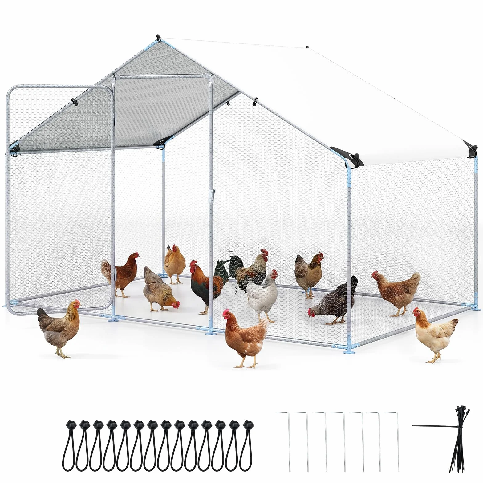 COSTWAY Kurnik 3 x 2 x 2 m | 6 m², wybieg metalowy, wybieg dla kur, z wodoodpornym dachem PE i zamkiem bezpieczeństwa, wybieg dla kur, drobiu, małych zwierząt, srebrny