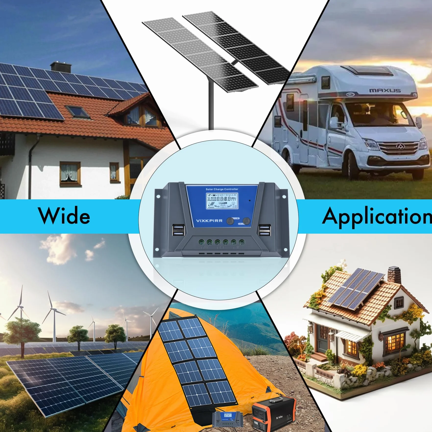 20 A solarny regulator ładowania 12 V, 24 V, PWM 20 A, regulator ładowania z czujnikiem temperatury, wyświetlacz LCD, 4 porty USB, pasuje do różnych akumulatorów ołowiowych i litowych 12 V