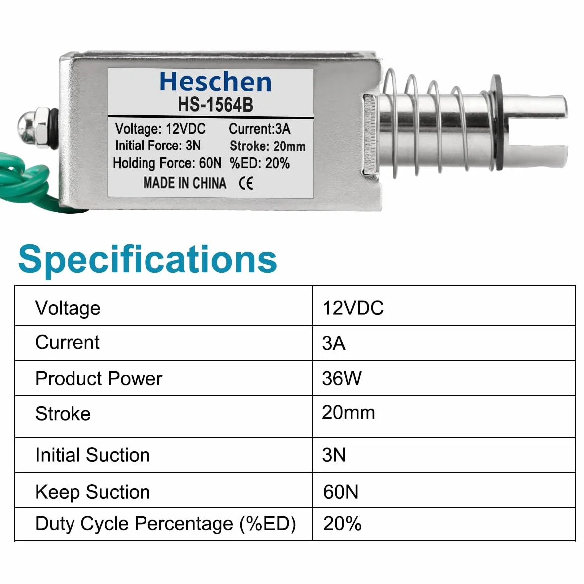 Heschen Elektromagnes HS-1564B DC12V 3A skok 20 mm siła 60N Push Pull otwarta rama