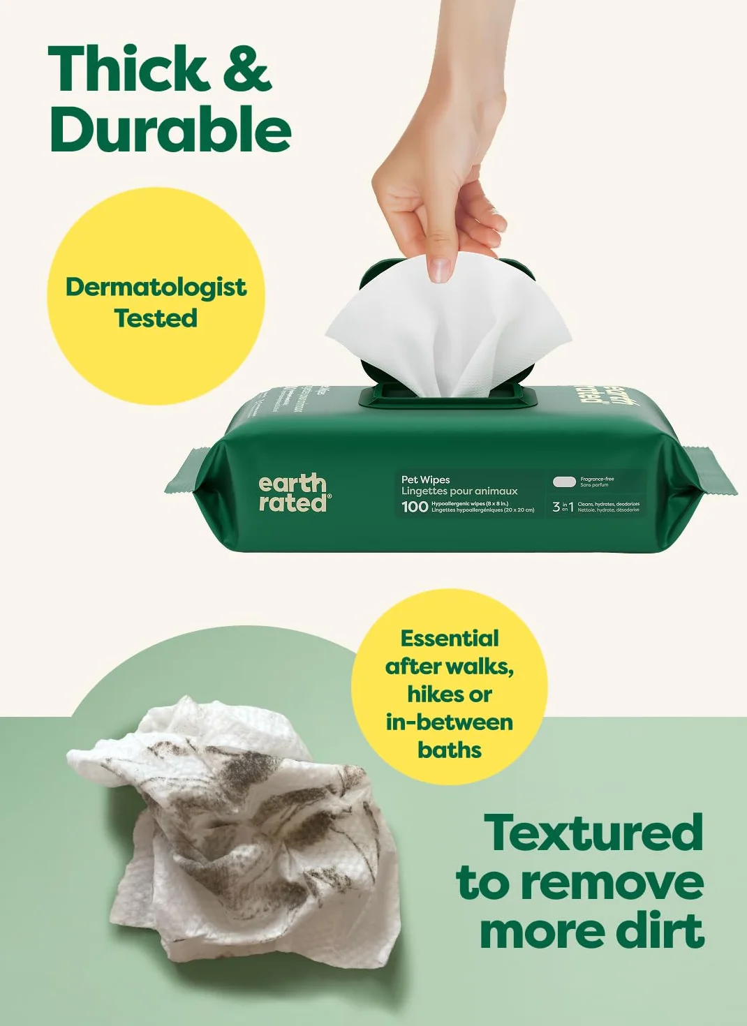 Earth Rated Chusteczki dla Zwierząt dla Psów i Kotów, Hipoalergiczne, Czyszczące i Nawilżające, do Pielęgnacji Łap, Ciała i Pupy, Bezzapachowe, 400 Sztuk