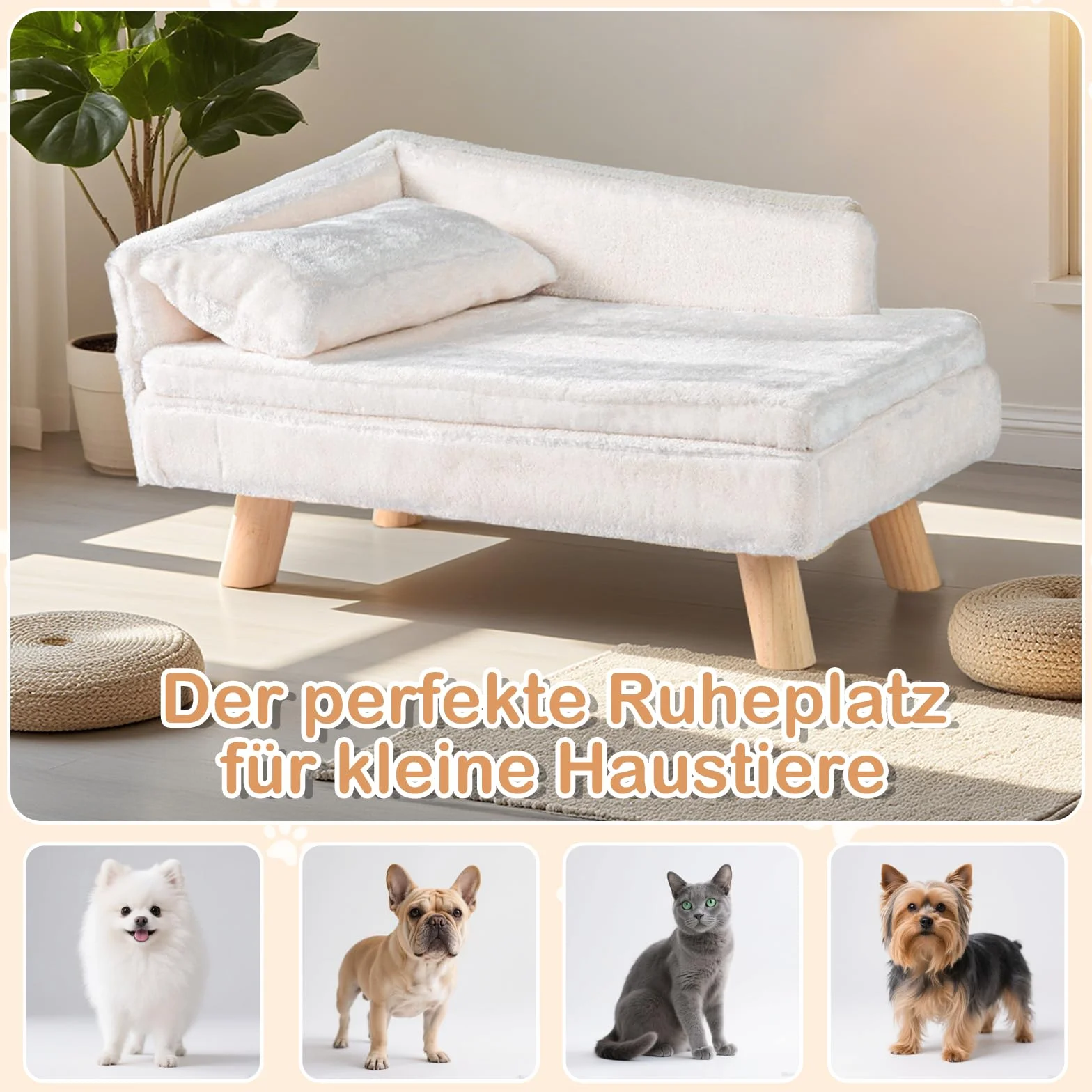 COSTWAY Luksusowa sofa dla kota, podwyższone legowisko dla kota, kanapa z 2 zdejmowanymi poduszkami, oparciem i drewnianymi nogami, miękka, dla średnich i małych kotów, sofa dla psów do wnętrz, biała